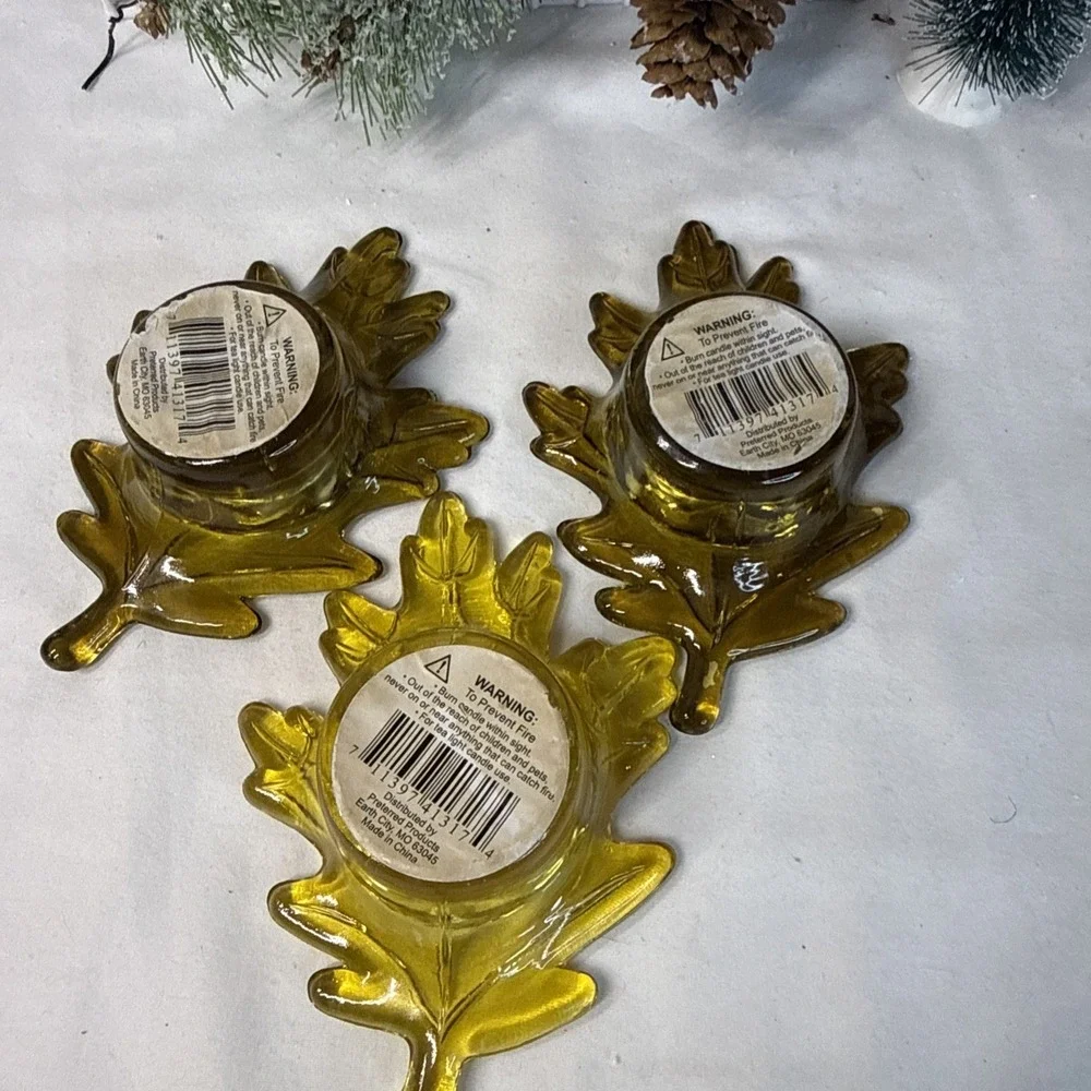 Fall Leaf Glass Votive Candle Holders Gold/Green Set of 3. Vintage